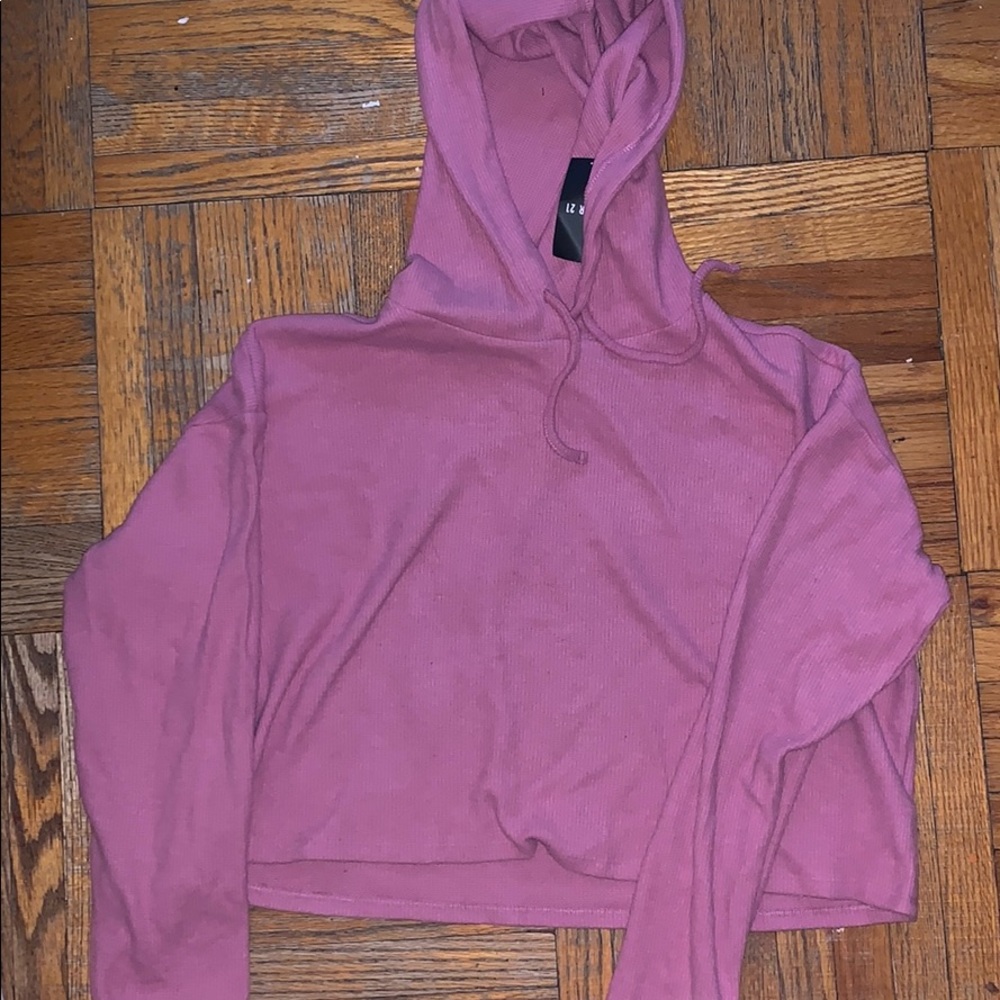 Pink Ribbed Cropped Hoodie